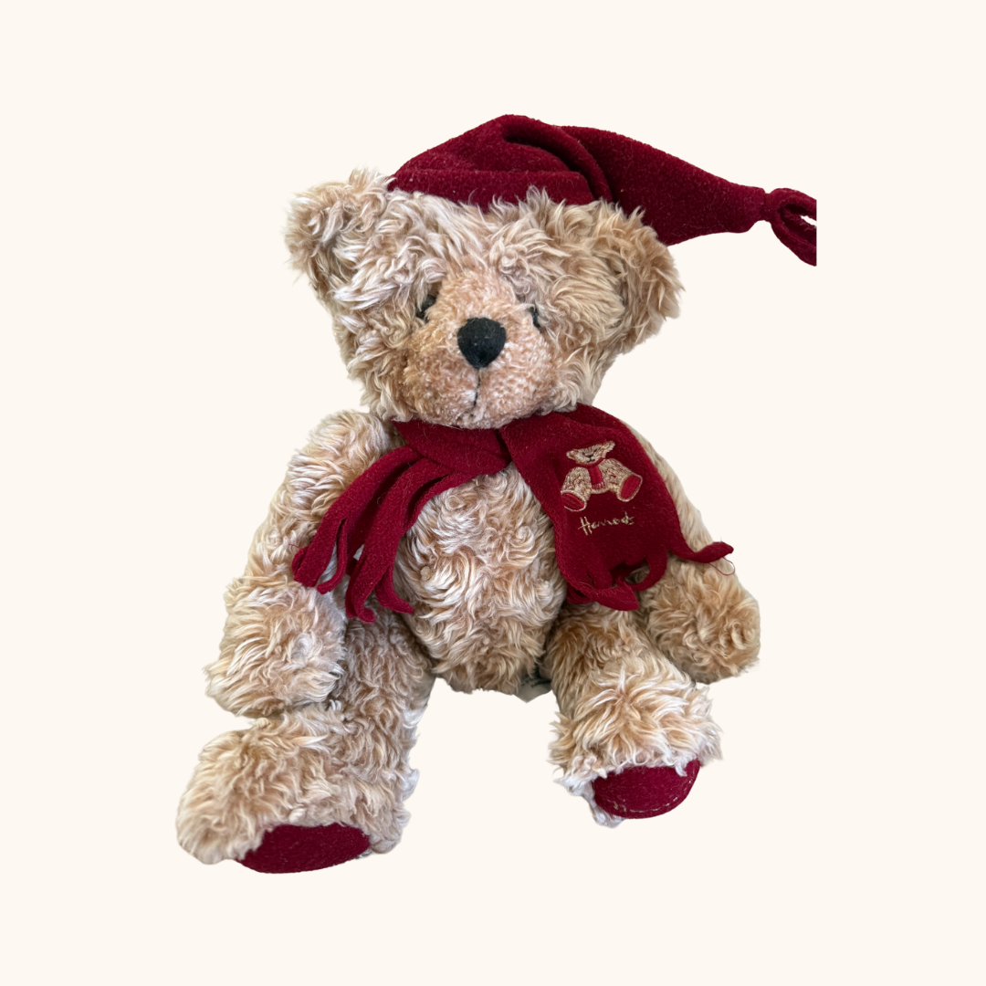 Harrods Christmas Teddy Bear – Burgundy Hat & Scarf | Collectible Plush | Preloved