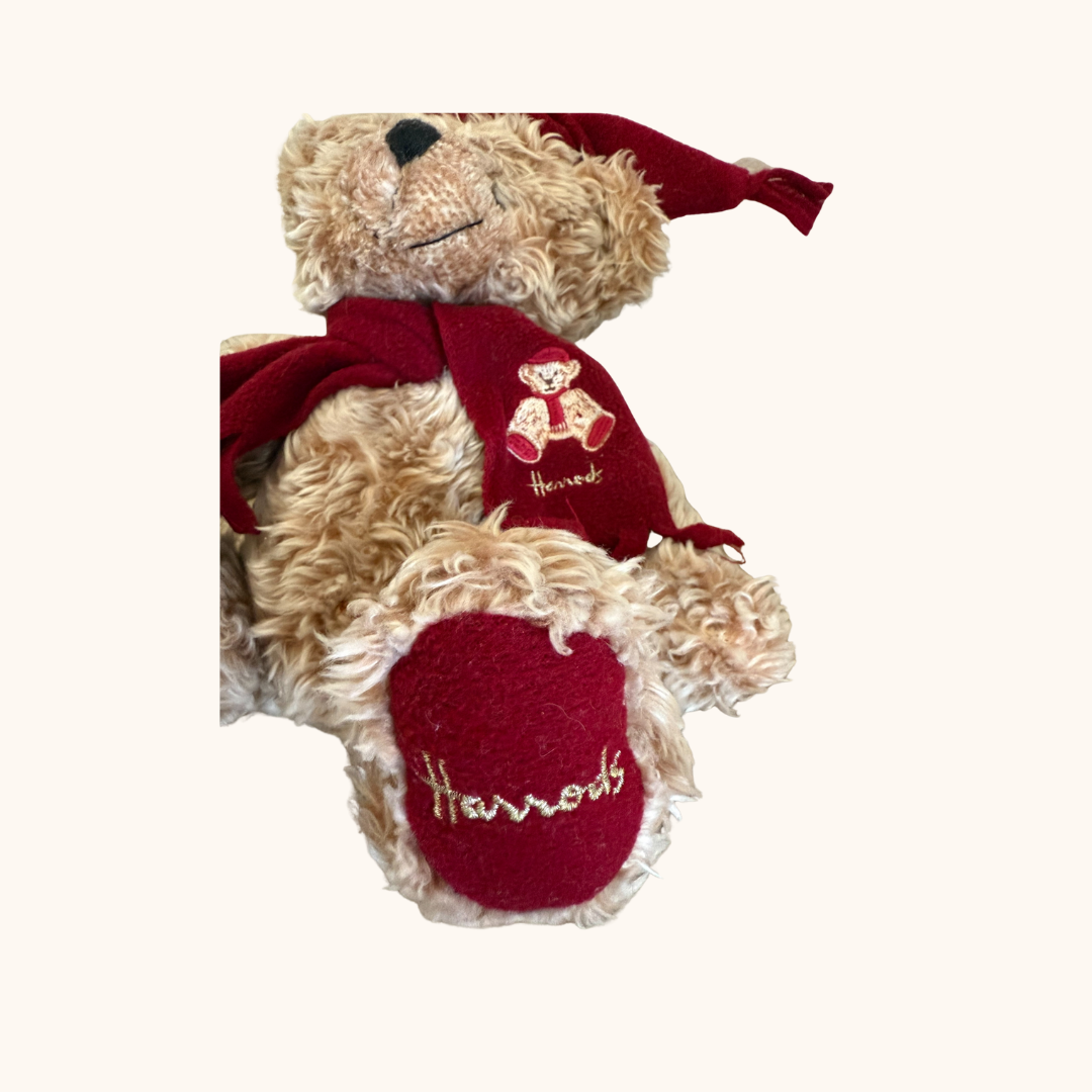 Harrods Christmas Teddy Bear – Burgundy Hat & Scarf | Collectible Plush | Preloved