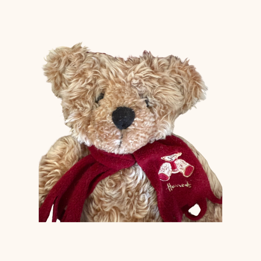 Harrods Christmas Teddy Bear – Burgundy Hat & Scarf | Collectible Plush | Preloved