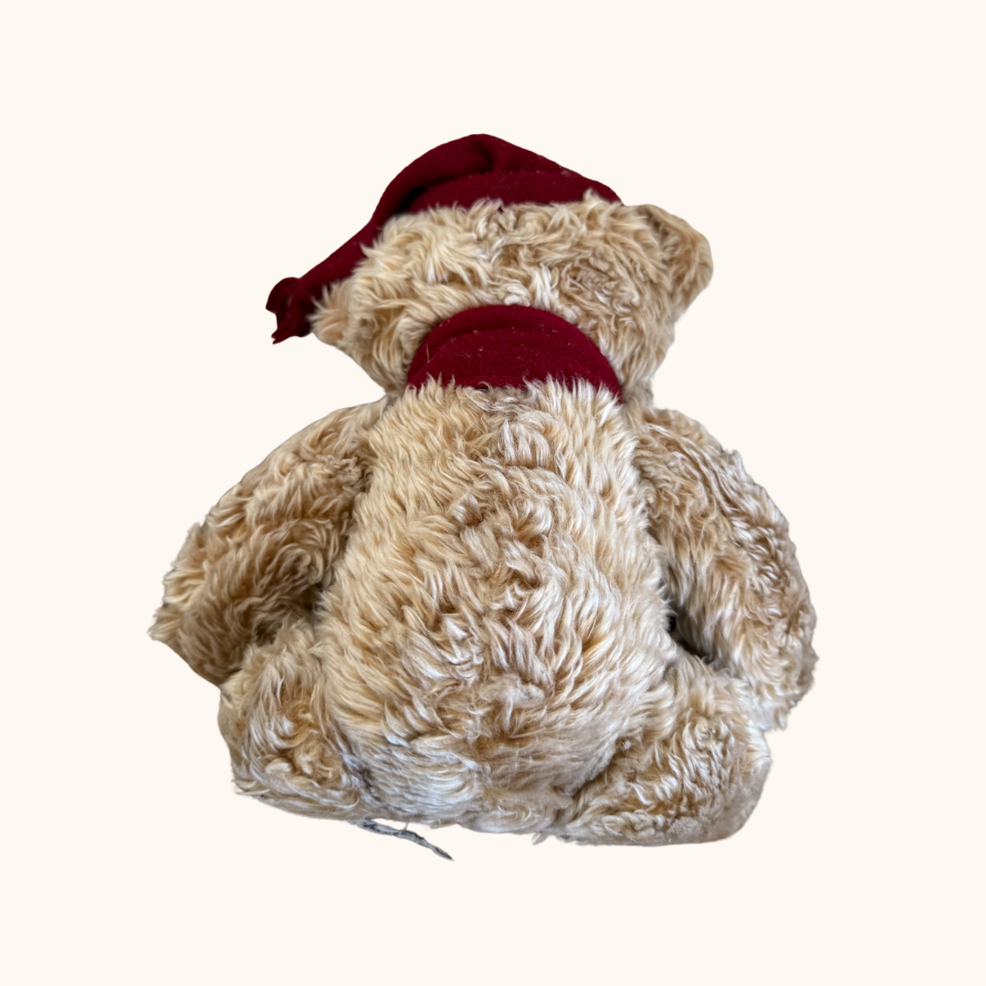 Harrods Christmas Teddy Bear – Burgundy Hat & Scarf | Collectible Plush | Preloved
