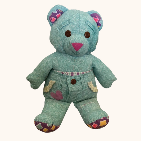 Vintage 90s Doodle Bear Plush Teal Denim-Style with Heart Patch