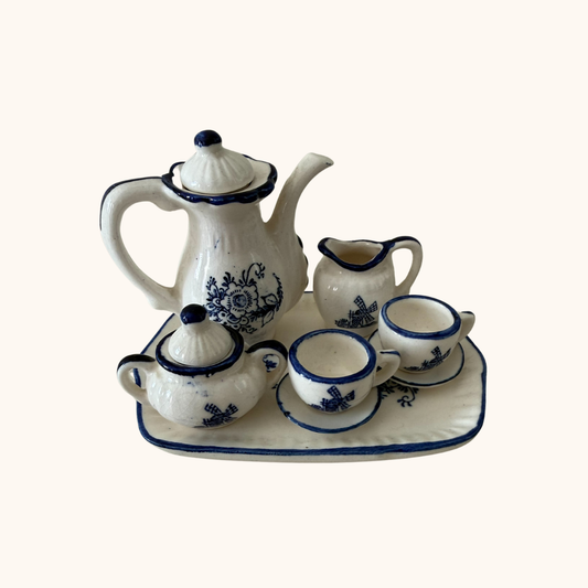 Vintage Miniature Blue & White Ceramic Tea Set (6-Piece, Display or Dollhouse Size)