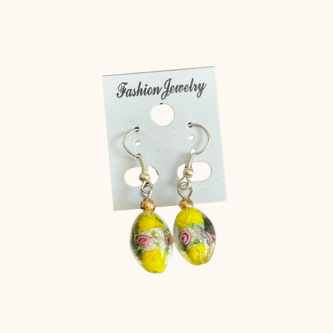 Yellow Murano-Style Floral Drop Earrings
