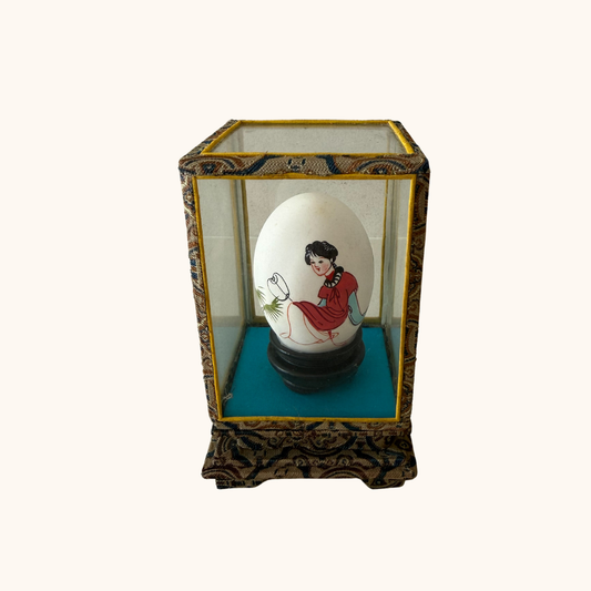 Vintage Hand-Painted Chinese Egg in Glass Display Case (Possibly 1970s)
