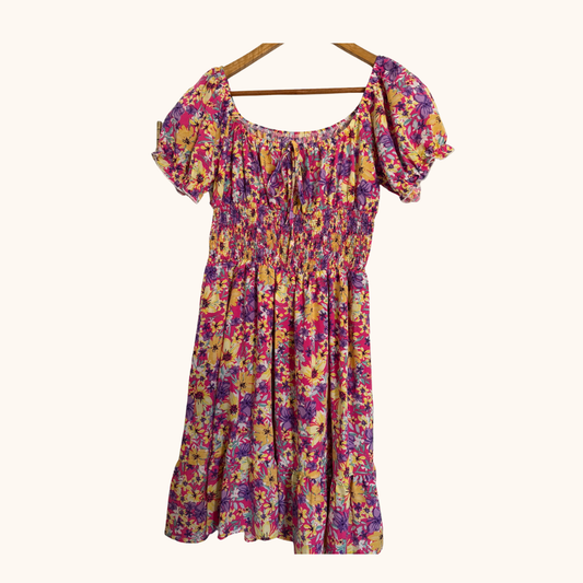 Floral Shirred Puff Sleeve Boho Dress – Shein | Size M (10–12)