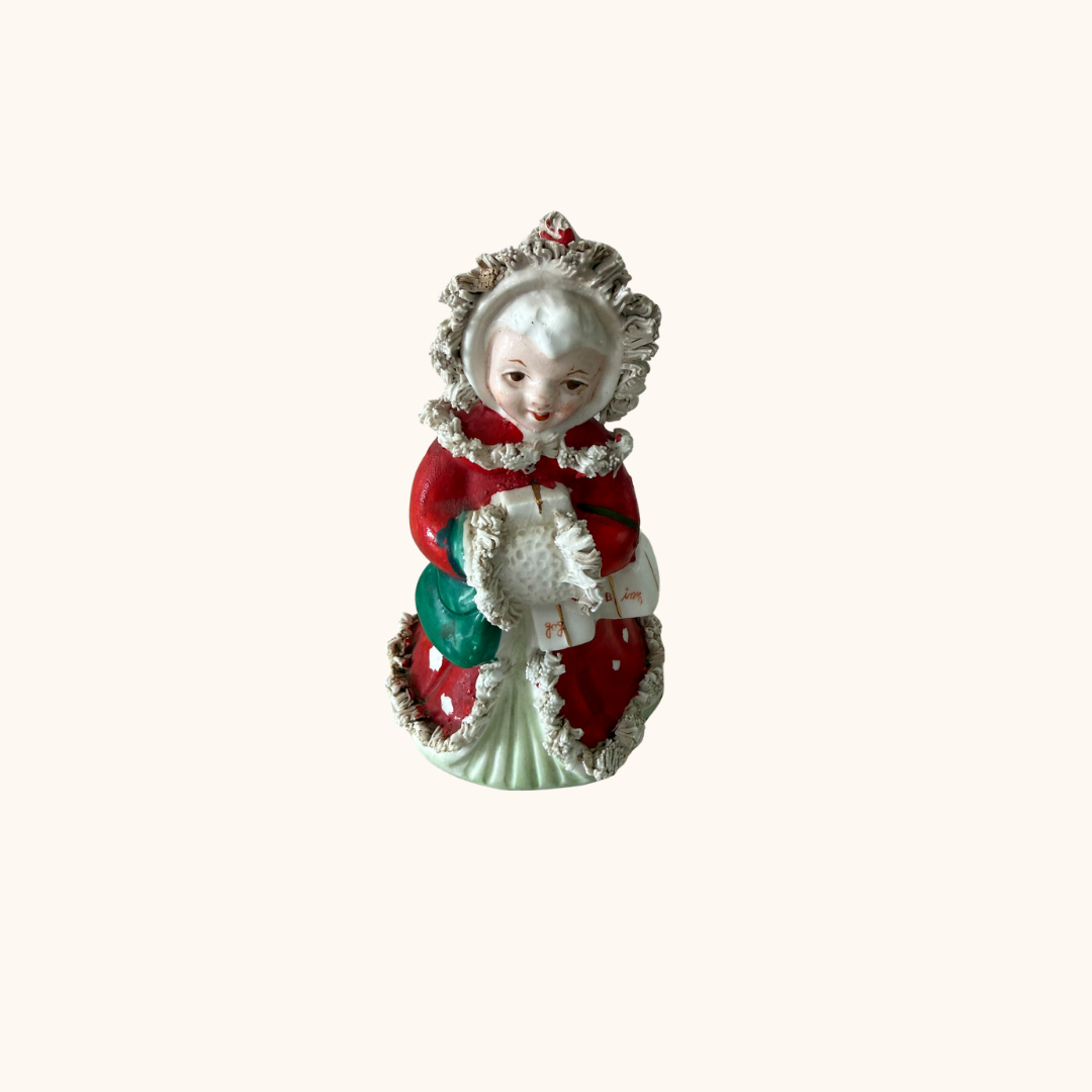 Vintage Napco Christmas Angel Girl Figurine – Red Coat, Spaghetti Trim (RARE)