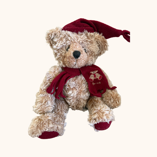 Harrods Christmas Teddy Bear – Burgundy Hat & Scarf | Collectible Plush | Preloved