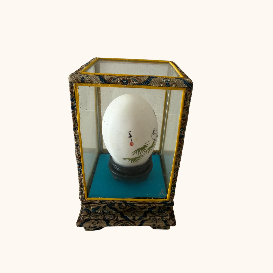 Vintage Hand-Painted Chinese Egg in Glass Display Case (Possibly 1970s)