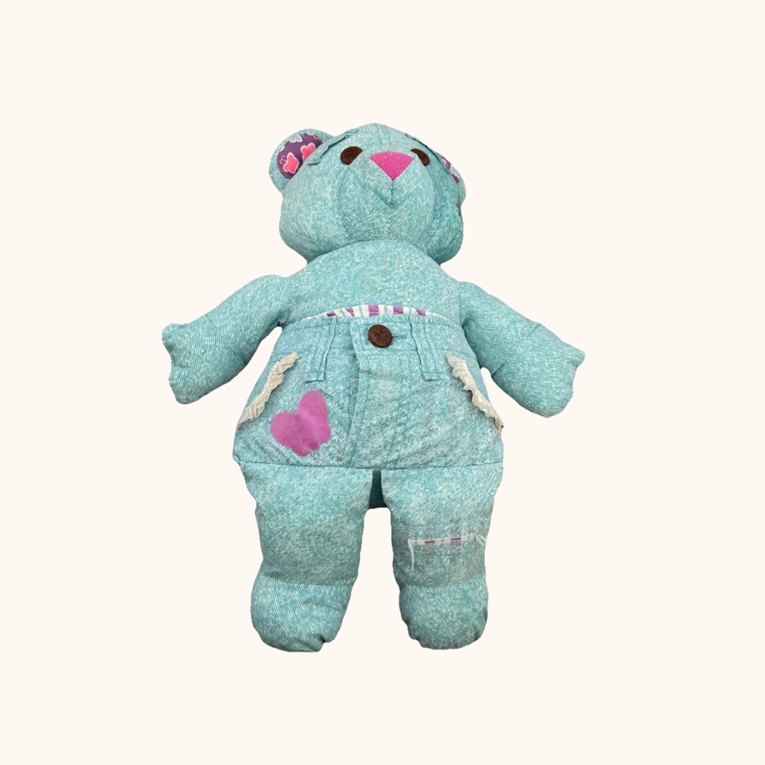 Vintage 90s Doodle Bear Plush Teal Denim-Style with Heart Patch