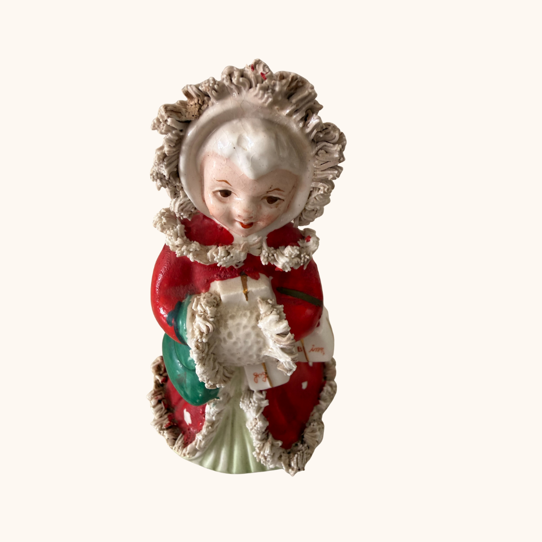 Vintage Napco Christmas Angel Girl Figurine – Red Coat, Spaghetti Trim (RARE)