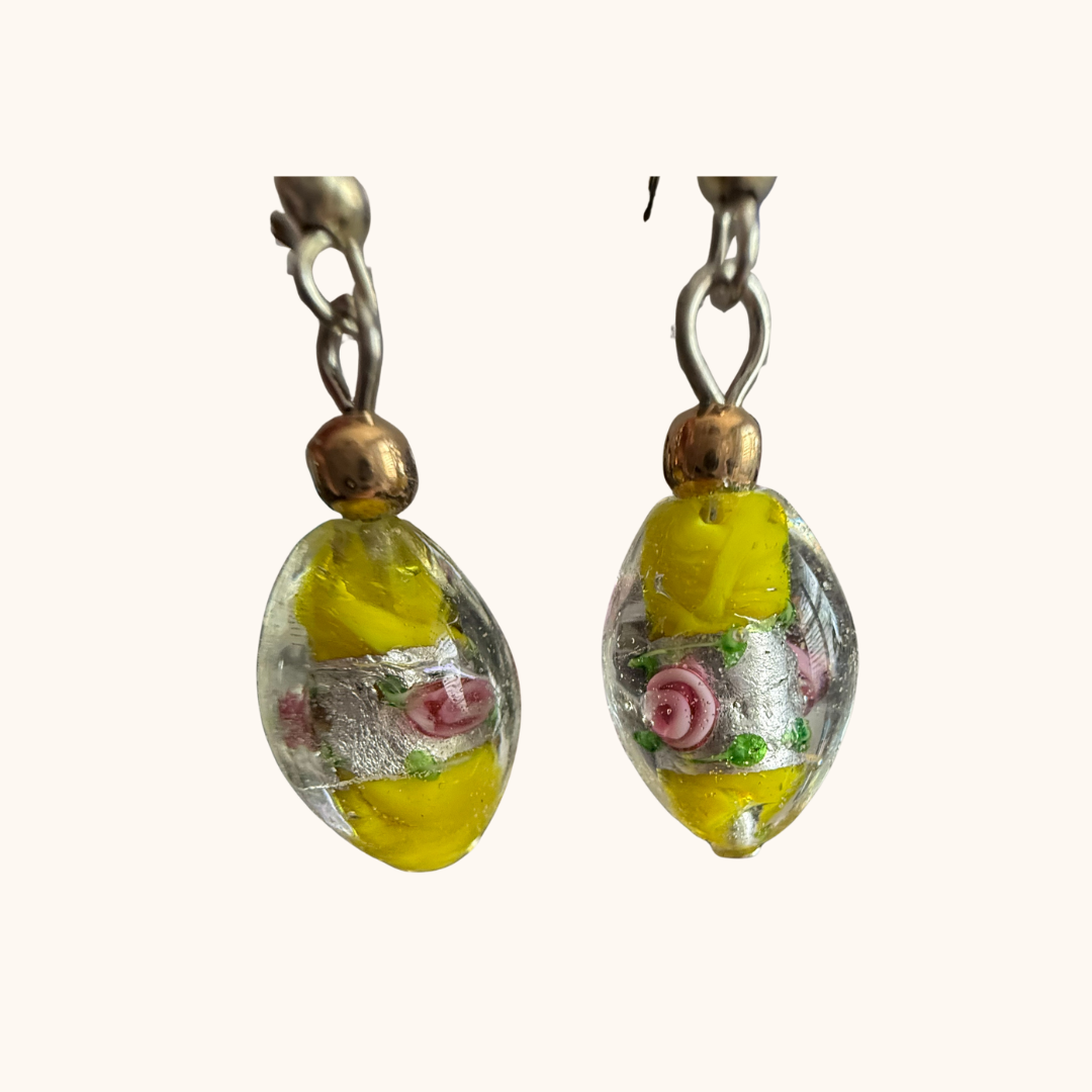 Yellow Murano-Style Floral Drop Earrings