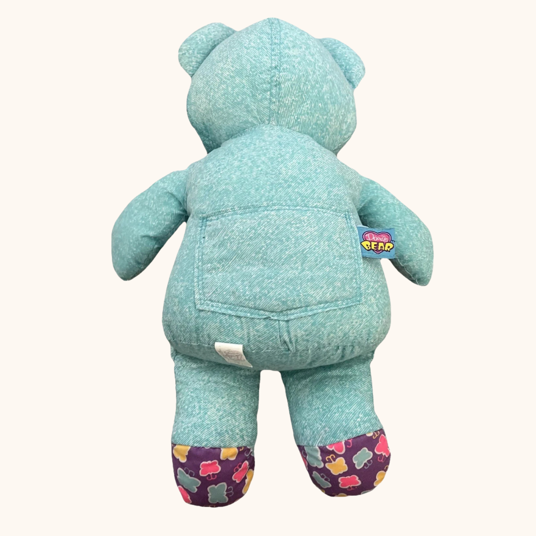 Vintage 90s Doodle Bear Plush Teal Denim-Style with Heart Patch