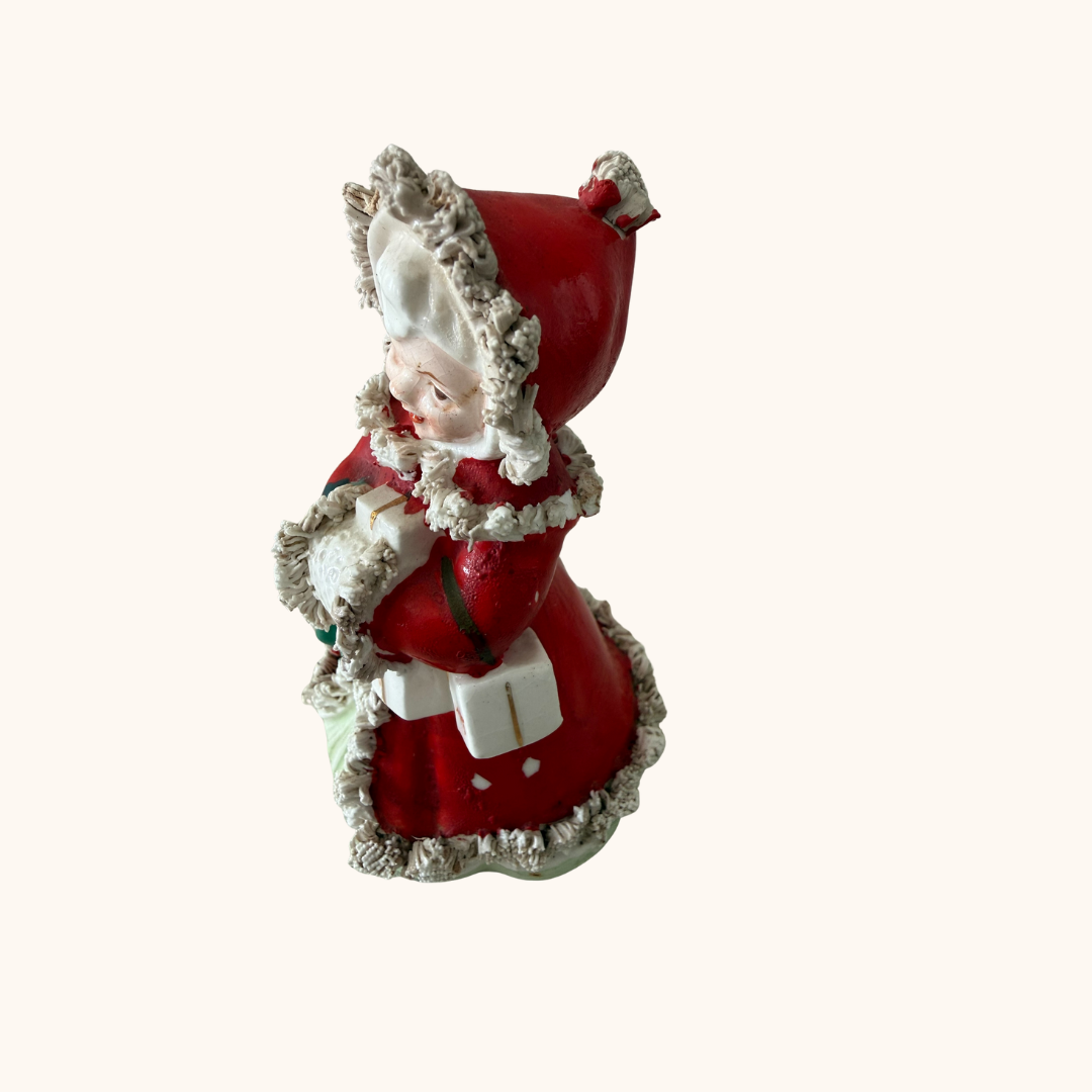 Vintage Napco Christmas Angel Girl Figurine – Red Coat, Spaghetti Trim (RARE)