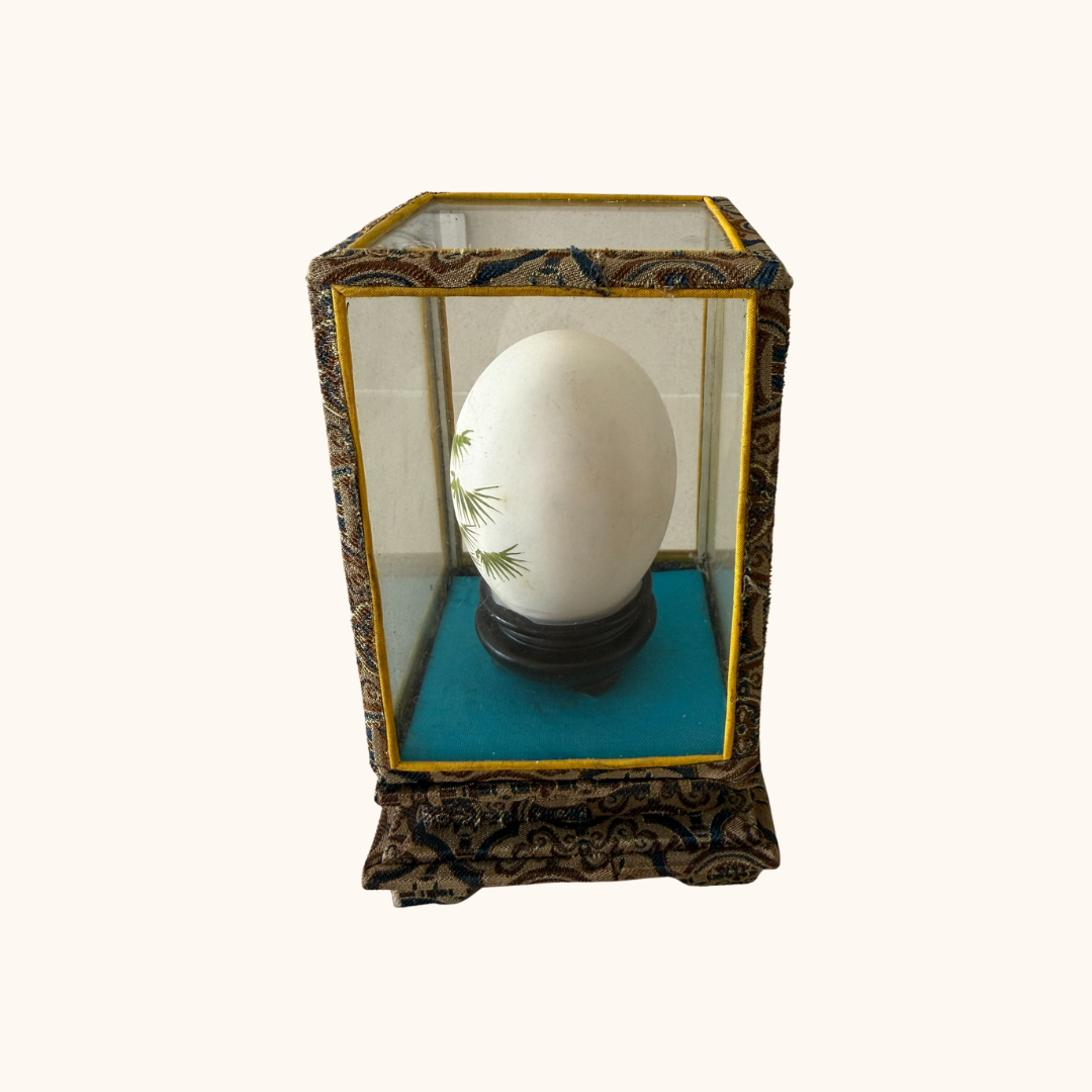 Vintage Hand-Painted Chinese Egg in Glass Display Case (Possibly 1970s)
