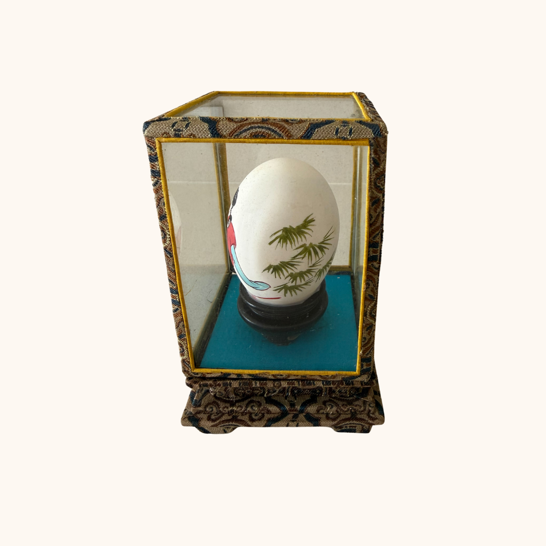 Vintage Hand-Painted Chinese Egg in Glass Display Case (Possibly 1970s)