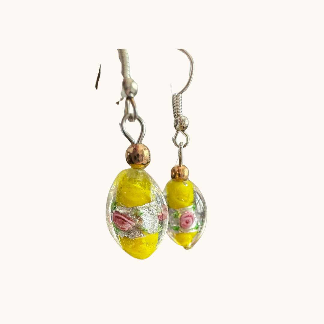 Yellow Murano-Style Floral Drop Earrings