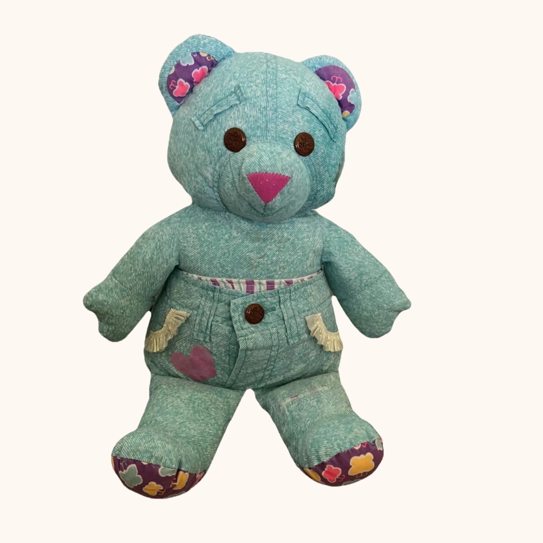 Vintage 90s Doodle Bear Plush Teal Denim-Style with Heart Patch
